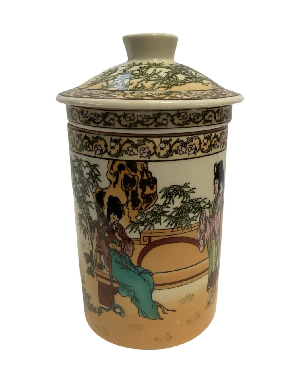 Vintage RB Asian Chinese Tea Infuser Mug Strainer Lid Geisha Floral Bamboo